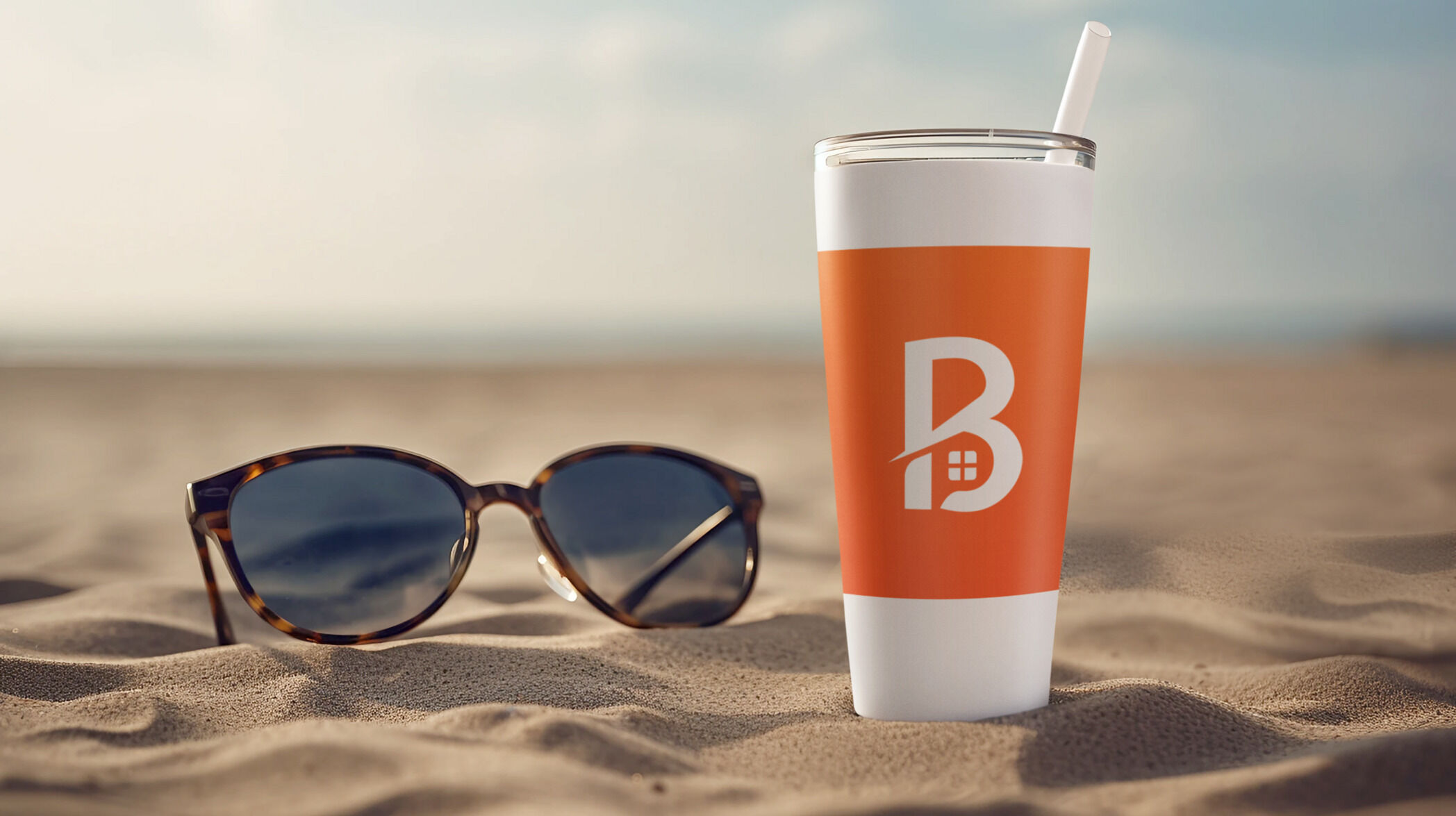 Sunglasses and Mug with Bookerty logo lying on a beach.