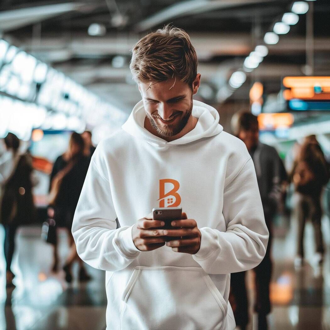 Laughing man looking at phone in airport.